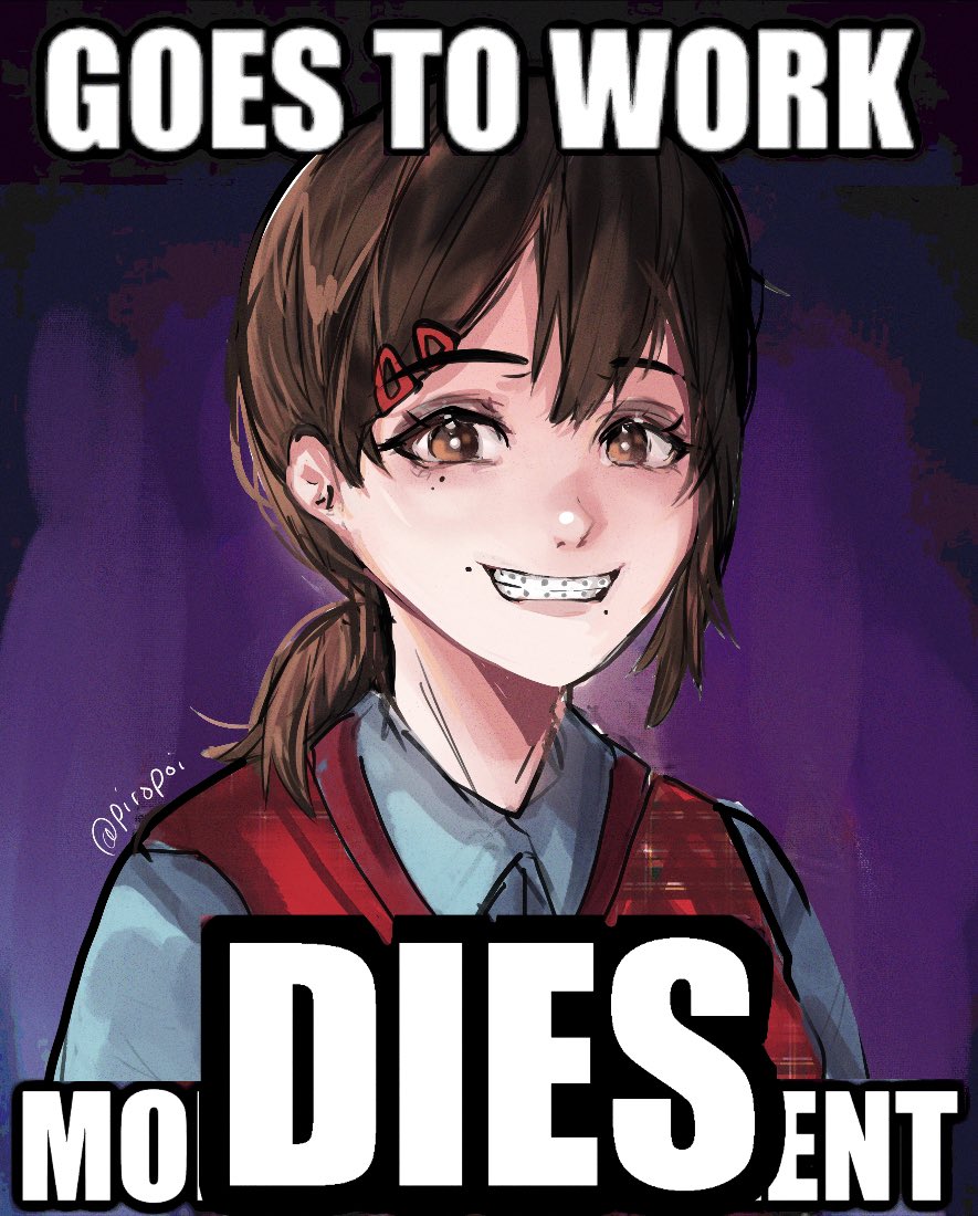 1girl, bad_luck_brian_(meme), braces, brown_eyes, brown_hair, chainsaw_man, commentary, english_commentary