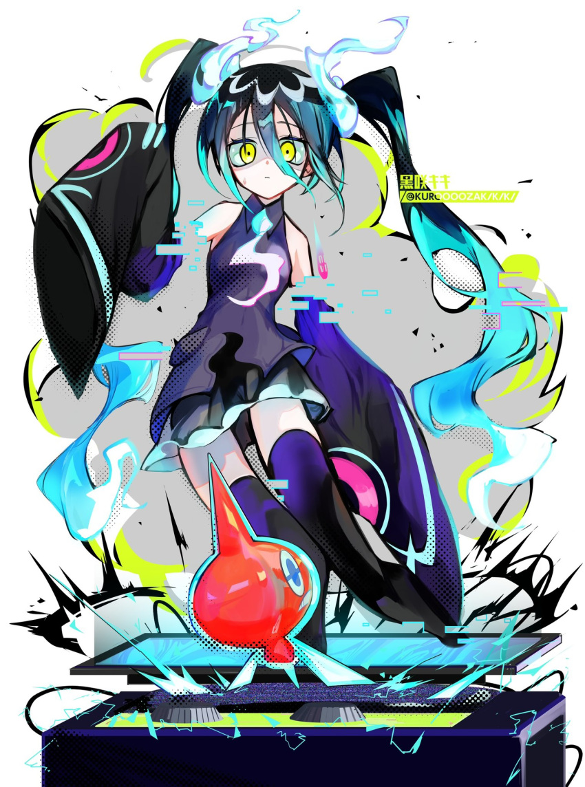 1girl, aqua_hair, artist_name, black_thighhighs, commentary, detached_sleeves, ghost, ghost_miku_(project_voltage), glitch, grey_shirt, hair_between_eyes, hatsune_miku, highres, kuroooozakikiki, long_hair, looking_at_viewer, necktie, pokemon, pokemon_(creature), project_voltage, rotom, rotom_(normal), shirt, skirt, sleeves_past_fingers, sleeves_past_wrists, thigh-highs, twintails, very_long_hair, vocaloid, will-o'-the-wisp_(mythology), yellow_eyes