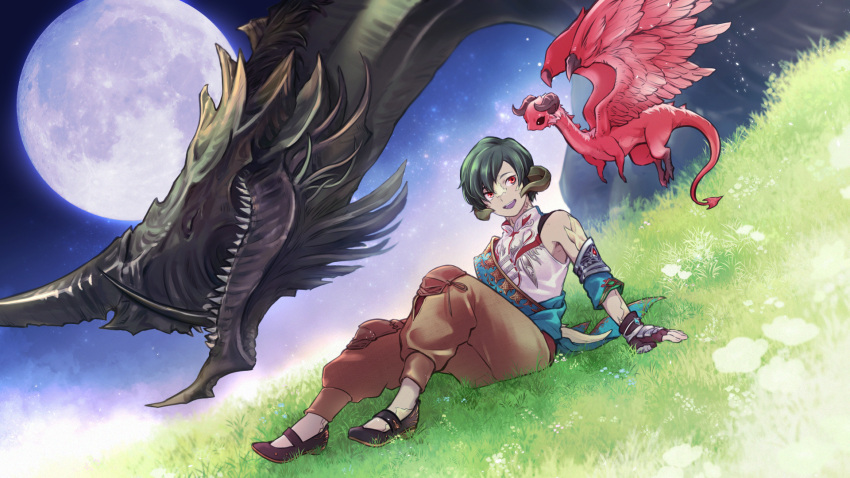 1boy, :d, arm_support, au_ra, azdaja_(ff14), black_footwear, blue_sash, brother_and_sister