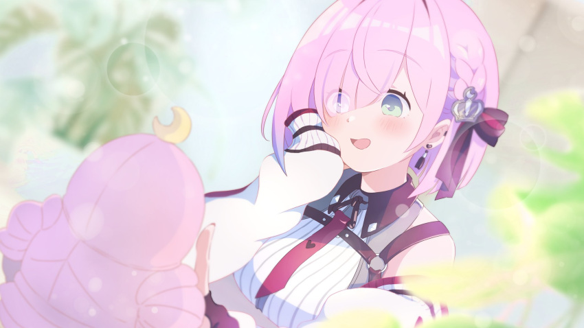 1girl, blurry, blush, braid, breast_strap, crop_top, crown_hair_ornament, depth_of_field