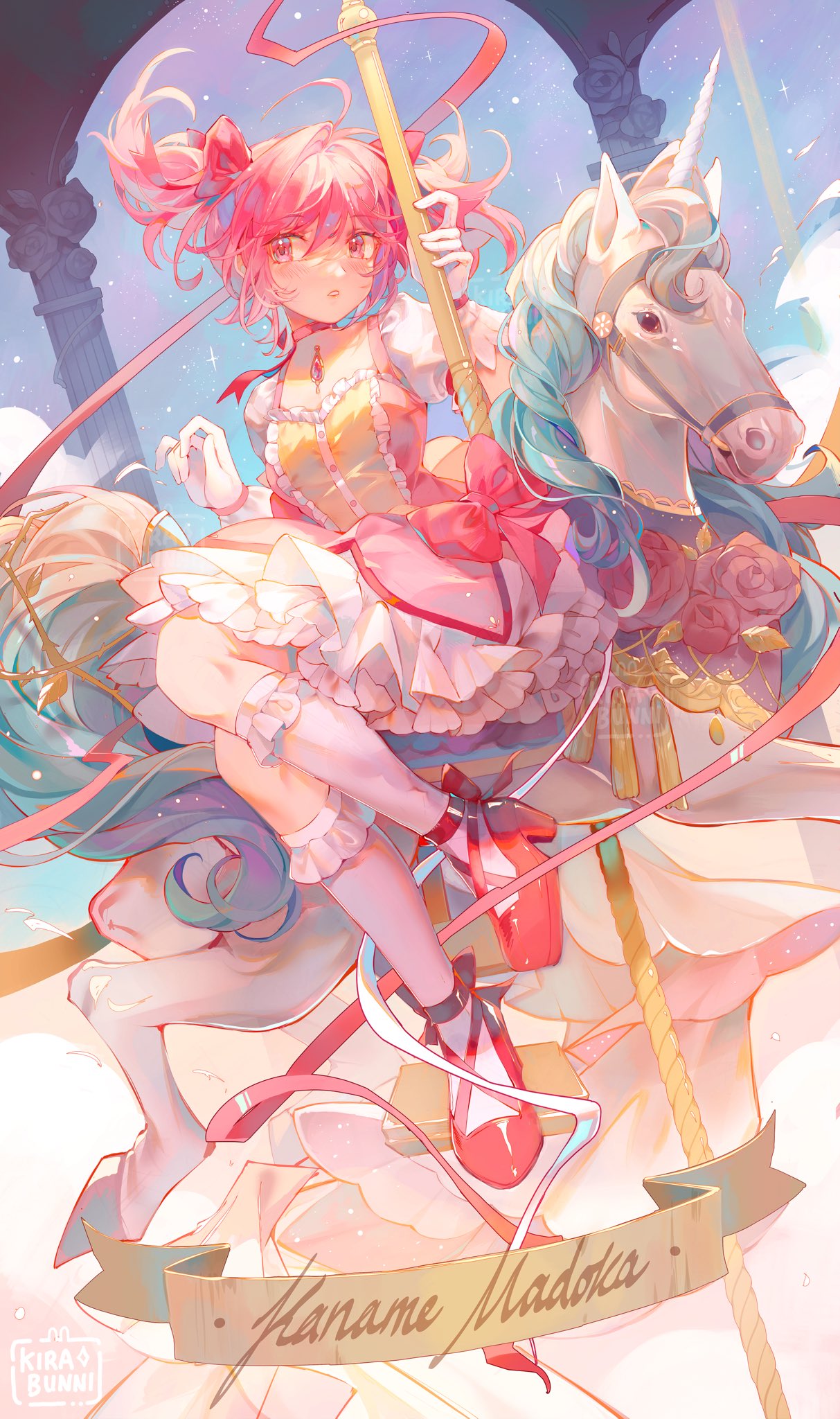 1girl, :o, ahoge, arch, artist_name, blue_sky, bow, bubble_skirt