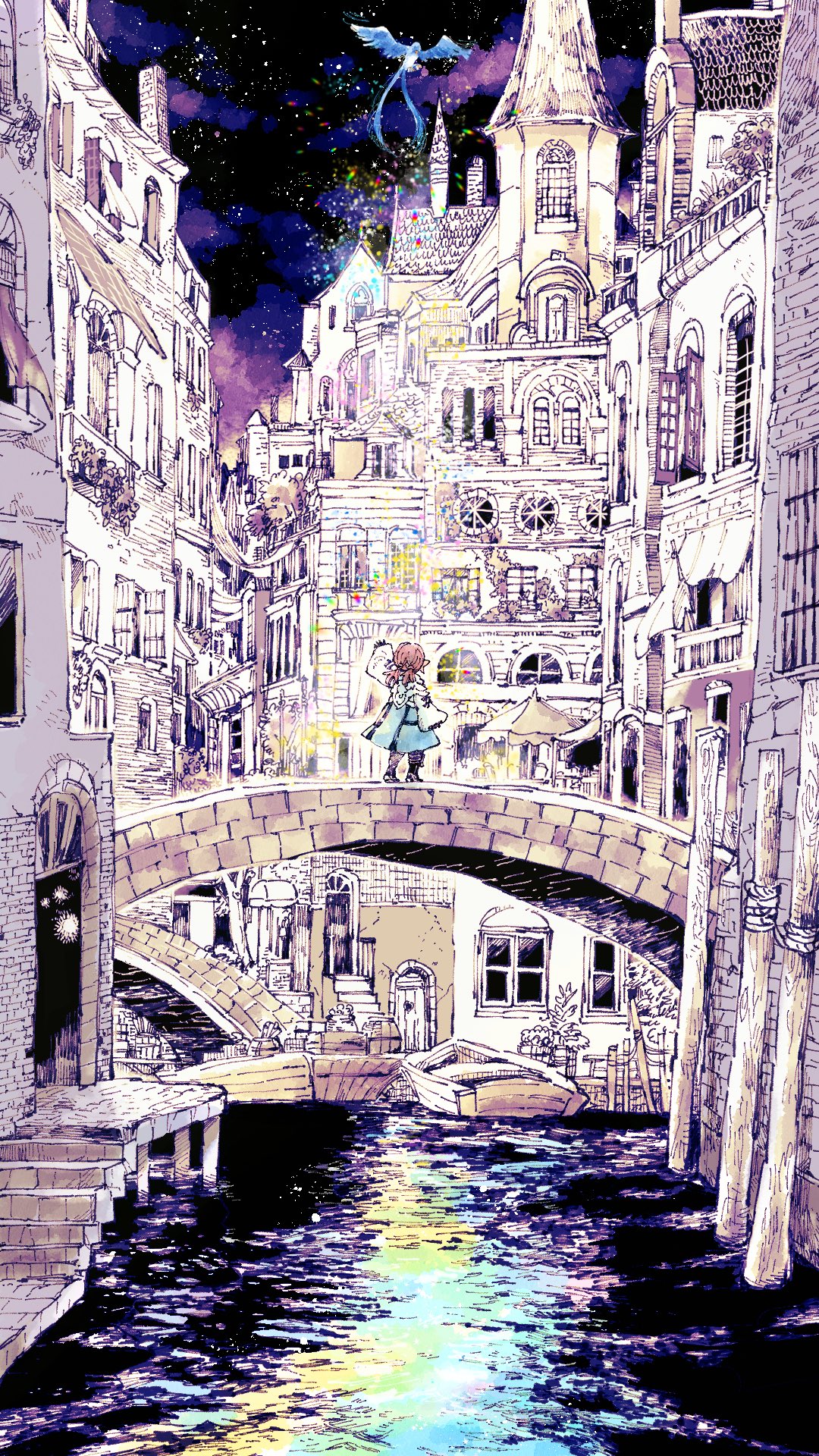 1girl, arm_up, balcony, bird, black_footwear, black_sky, blue_bird, blue_dress, boat, brick_wall, bridge, brown_hair, building, city, cityscape, clouds, commentary_request, dress, facing_away, final_fantasy, final_fantasy_xiv, from_behind, hatching_(texture), highres, itowff14, lalafell, limited_palette, night, night_sky, outdoors, purple_clouds, river, scenery, short_hair, short_twintails, sky, solo, stairs, standing, twintails, warrior_of_light_(ff14), water, watercraft, wide_shot, window