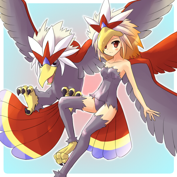1girl, beak, bird, braviary, eagle, genderswap, hat, leotard