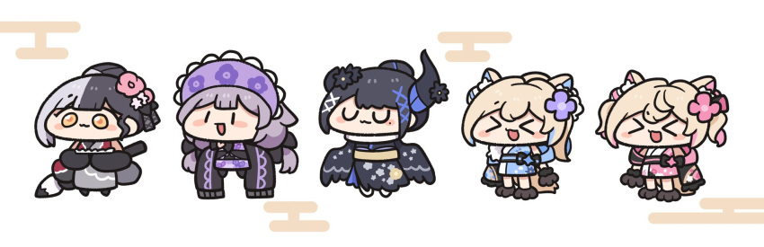 >_<, 5girls, animal_ears, animal_hands, asymmetrical_horns, black_hair, black_kimono, blonde_hair