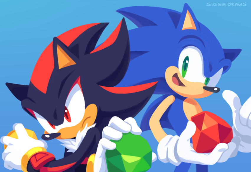 2boys, artist_name, black_fur, blue_background, blue_fur, chaos_emerald, furry, furry_male, gem, gloves, gold_bracelet, green_eyes, green_gemstone, hedgehog, hedgehog_boy, hedgehog_ears, highres, holding, multiple_boys, open_mouth, red_eyes, red_fur, red_gemstone, shadow_the_hedgehog, siggiedraws, simple_background, sonic_(series), sonic_the_hedgehog, two-tone_fur, white_gloves, yellow_gemstone