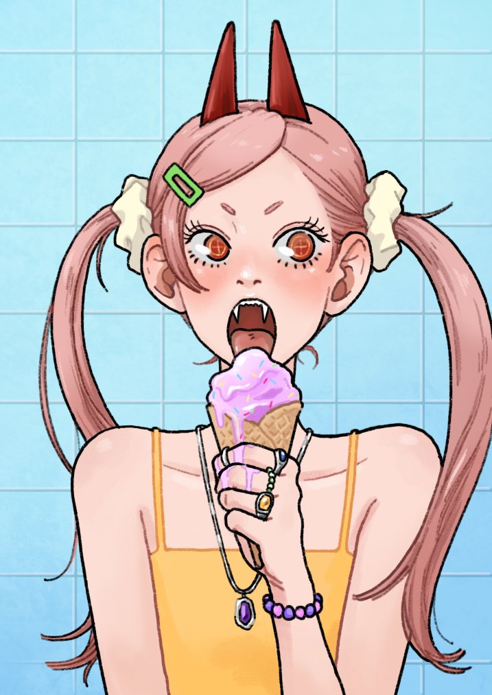 1girl, bead_bracelet, beads, bracelet, camisole, chainsaw_man, commentary_request, cross-shaped_pupils