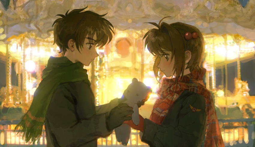 1boy, 1girl, black_gloves, blush, brown_hair, cardcaptor_sakura, child, closed_mouth