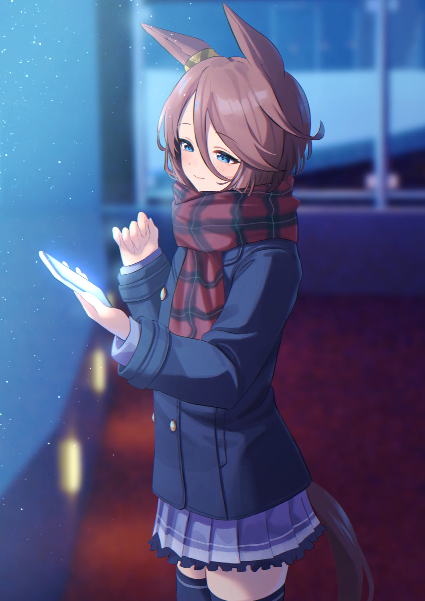 1girl, animal_ears, blue_coat, blue_eyes, brown_hair, buttons, cellphone, coat