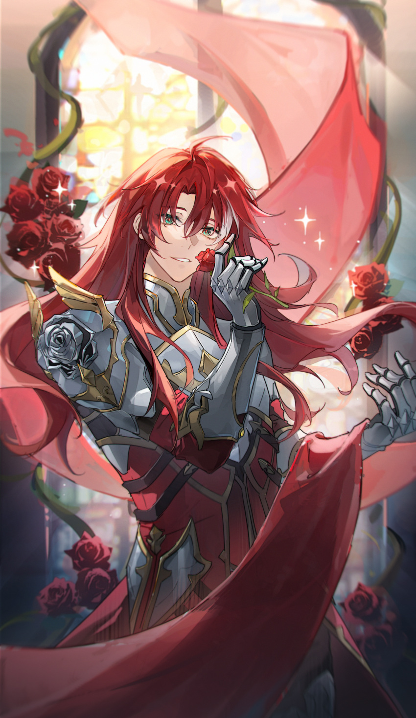 1boy, absurdres, argenti_(honkai:_star_rail), armor, cowboy_shot, curtains, flower, gauntlets, green_eyes, hair_between_eyes, highres, holding, holding_flower, honkai:_star_rail, honkai_(series), knight, long_hair, looking_at_viewer, male_focus, migan, multicolored_hair, parted_lips, pauldrons, plant, red_flower, red_pupils, red_rose, redhead, rose, shoulder_armor, smile, solo, sparkle, stained_glass, standing, streaked_hair, vines, window