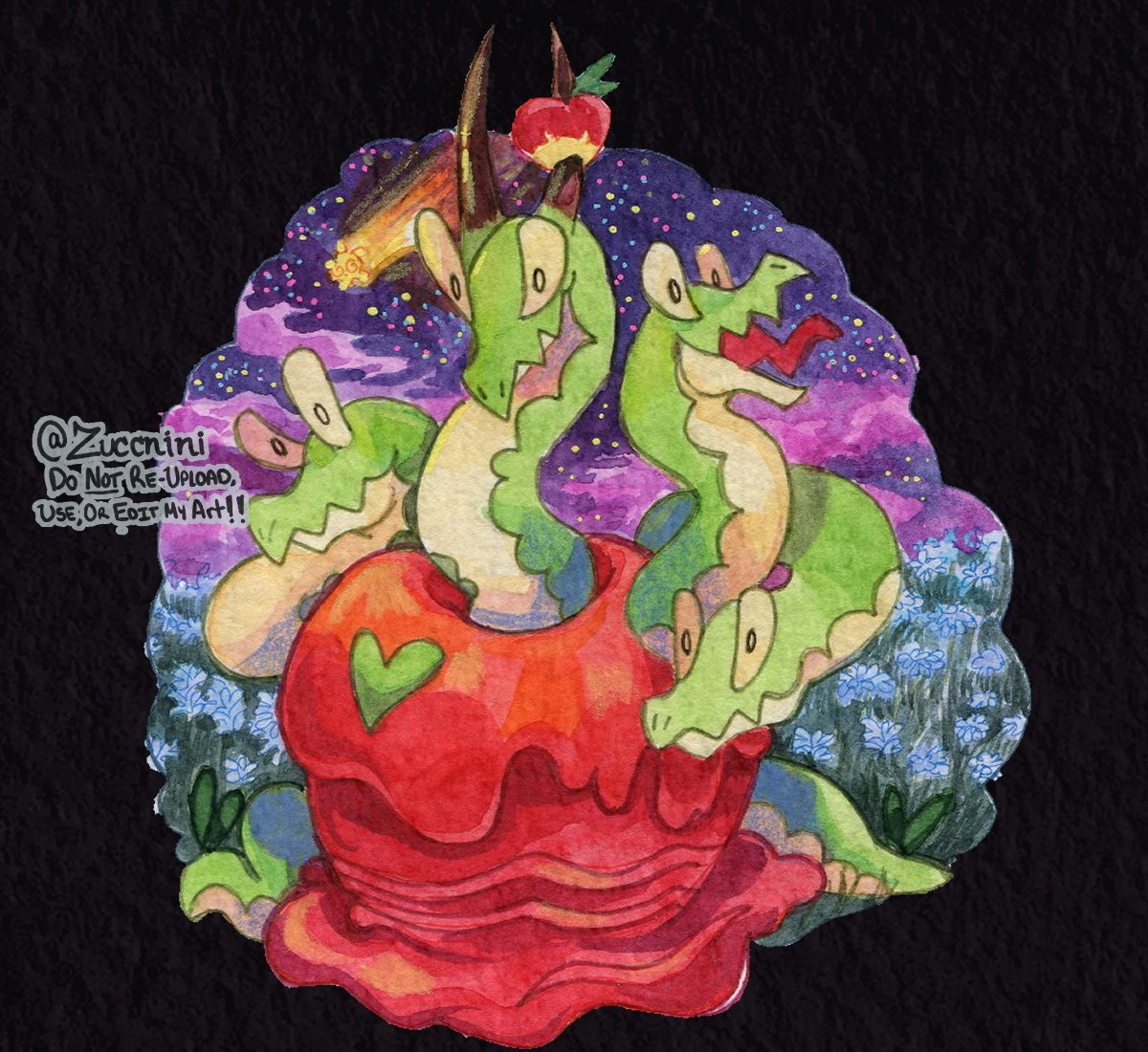 animal_focus, apple, artist_name, black_background, blue_flower, candy_apple, clouds, commentary, fangs, field, flower, flower_field, food, fruit, grass, horns, hydrapple, minior, minior_(core), minior_(yellow_core), no_humans, pokemon, pokemon_(creature), purple_sky, shooting_star, simple_background, skin_fangs, sky, tongue, tongue_out, twitter_username, worm, zuccnini