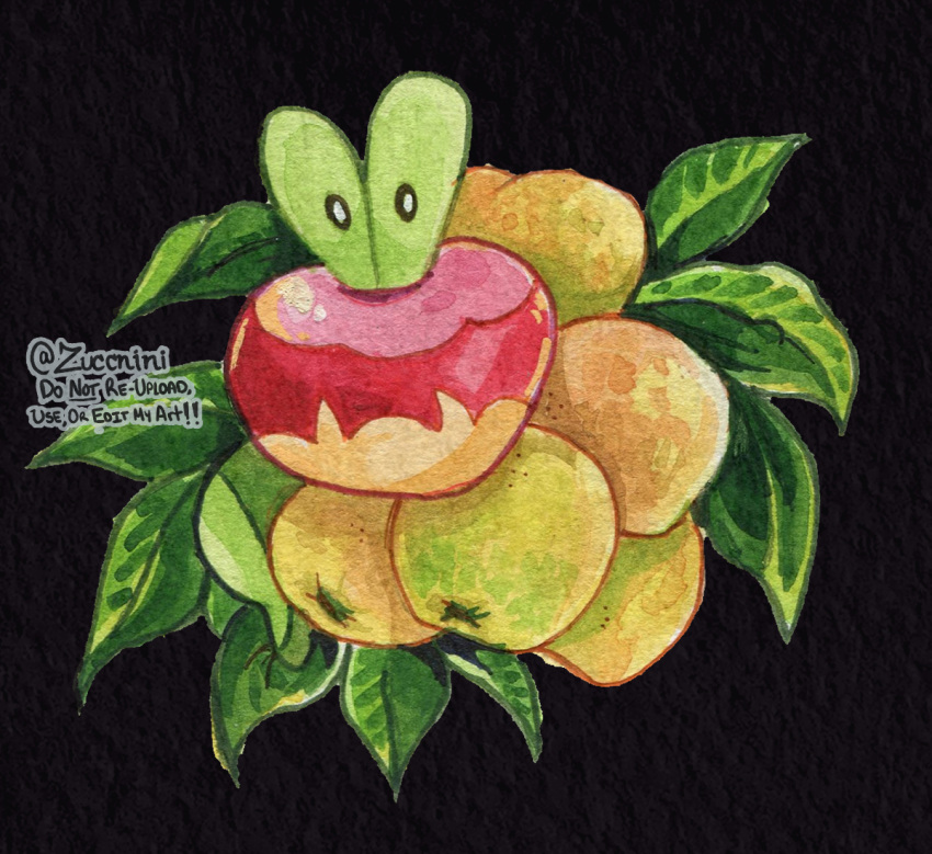 animal_focus, apple, applin, artist_name, black_background, black_eyes, commentary, food