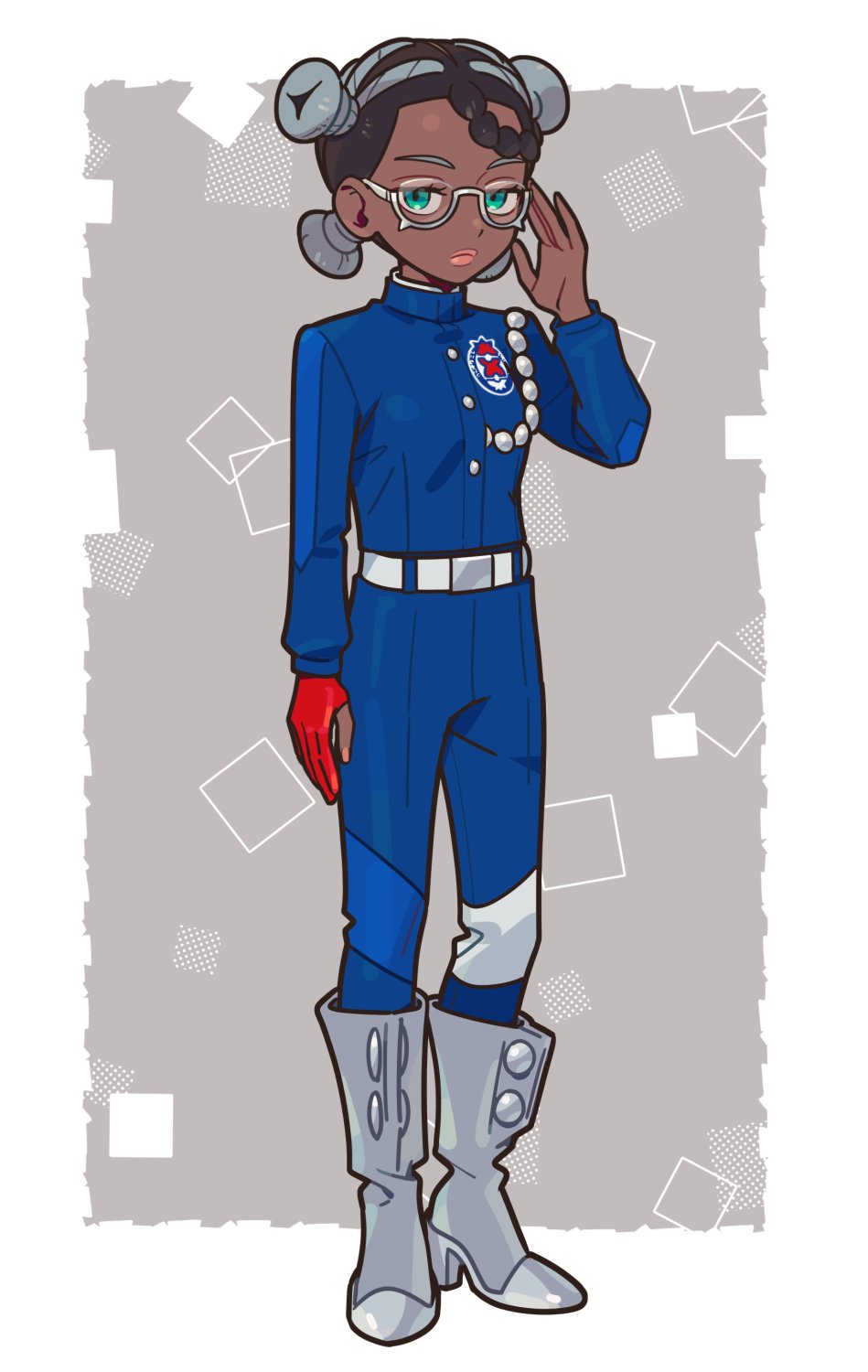 1girl, adjusting_eyewear, amarys_(pokemon), arm_at_side, belt, belt_buckle, blue_jacket, blue_pants, boots, border, buckle, buttons, chain, closed_mouth, commentary_request, dark-skinned_female, dark_skin, full_body, glasses, gloves, green_eyes, grey_background, grey_footwear, hand_up, highres, jacket, long_sleeves, pants, partially_fingerless_gloves, pokemon, pokemon_sv, quad_bun, red_gloves, semi-rimless_eyewear, short_hair, single_glove, solo, standing, u2t5k2s5, white_belt, white_border
