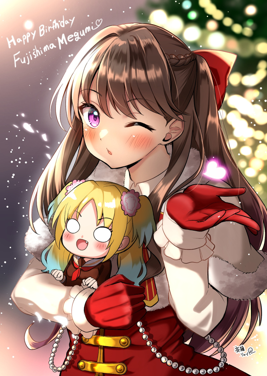 2girls, blank_eyes, blonde_hair, blurry, blurry_background, blush, bow, braid