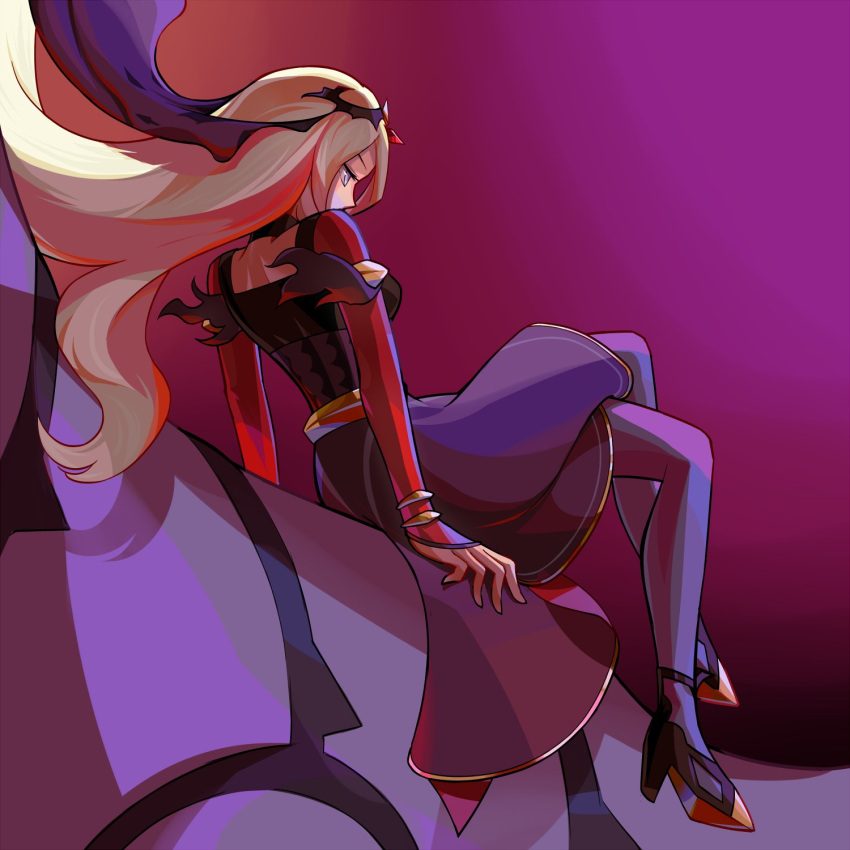 1girl, arm_support, black_footwear, blonde_hair, commentary, crossed_legs, cynthia_(pokemon), cynthia_(sygna_suit)_(renegade)_(pokemon)