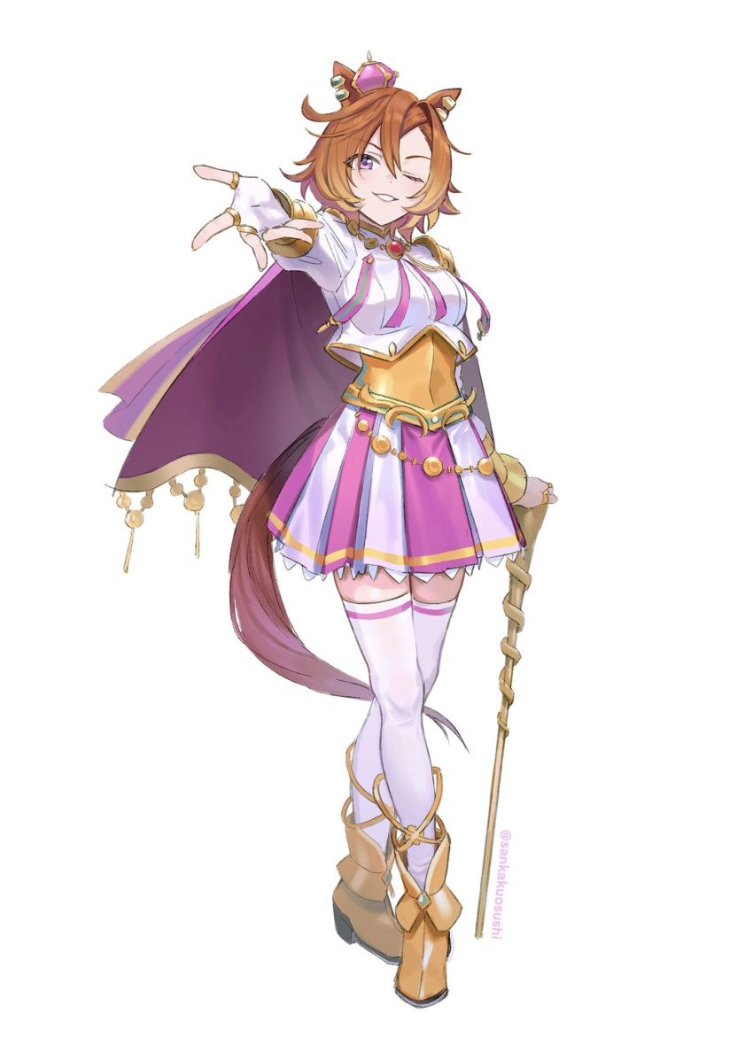 1girl, animal_ears, boots, breasts, cane, capelet, corset, crown, ear_piercing, full_body, highres, holding, holding_cane, horse_ears, horse_girl, horse_tail, jewelry, mini_crown, multiple_rings, one_eye_closed, open_mouth, orange_hair, outstretched_arm, piercing, pink_capelet, qing_(sankakuosushi), reaching, reaching_towards_viewer, ring, shirt, short_hair, simple_background, skirt, small_breasts, smile, solo, standing, t.m._opera_o_(umamusume), tail, thigh-highs, umamusume, violet_eyes, white_background, white_shirt, white_thighhighs, yellow_footwear