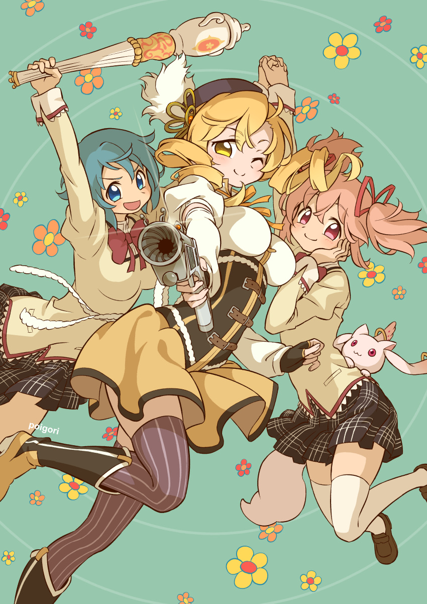 3girls, ;), absurdres, beret, blonde_hair, blue_eyes, blue_hair, breasts, detached_sleeves, drill_hair, full_body, gun, hair_ribbon, hat, highres, holding, holding_gun, holding_weapon, kaname_madoka, kyubey, looking_at_viewer, mahou_shoujo_madoka_magica, mahou_shoujo_madoka_magica_(anime), miki_sayaka, mitakihara_school_uniform, multiple_girls, one_eye_closed, open_mouth, pink_hair, pleated_skirt, poigori, red_ribbon, ribbon, school_uniform, short_twintails, skirt, smile, striped, striped_thighhighs, thigh-highs, tomoe_mami, twin_drills, twintails, weapon, white_thighhighs, yellow_skirt