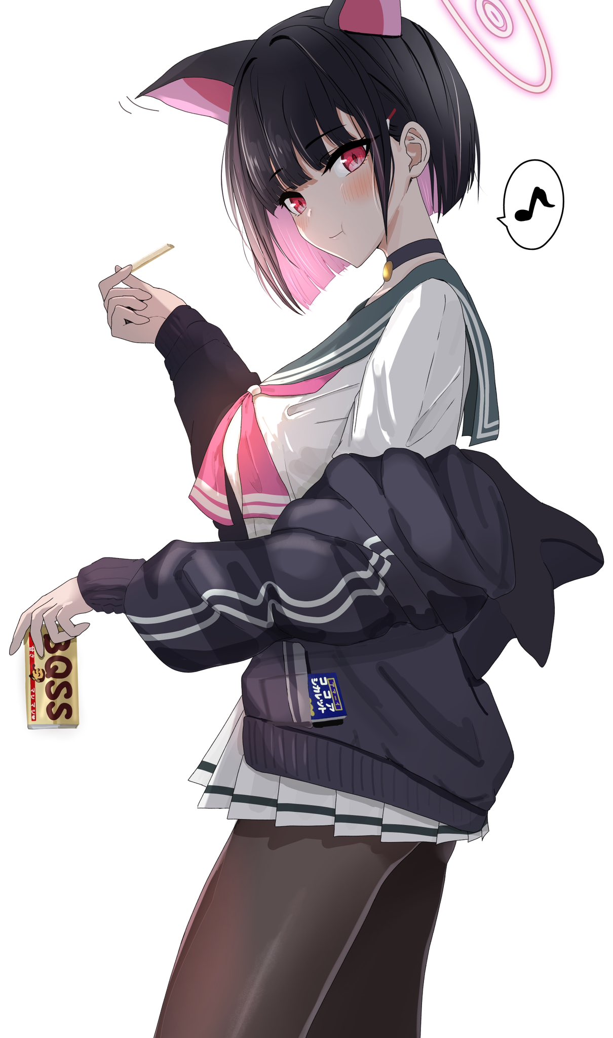 1girl, animal_ears, black_hair, black_pantyhose, blue_archive, cat_ears, chewing, cookie