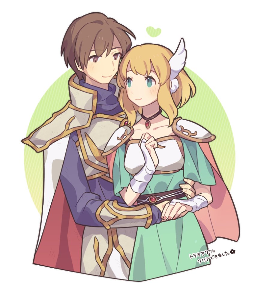 1boy, 1girl, aqua_eyes, armor, blonde_hair, breastplate, brown_eyes, brown_hair