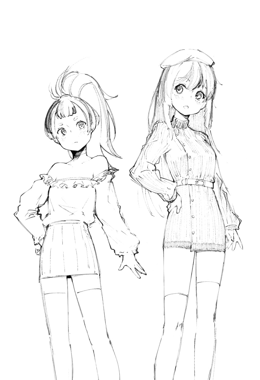 2girls, bare_shoulders, belt, beret, blush, grand_summoners, hand_on_own_hip, hat