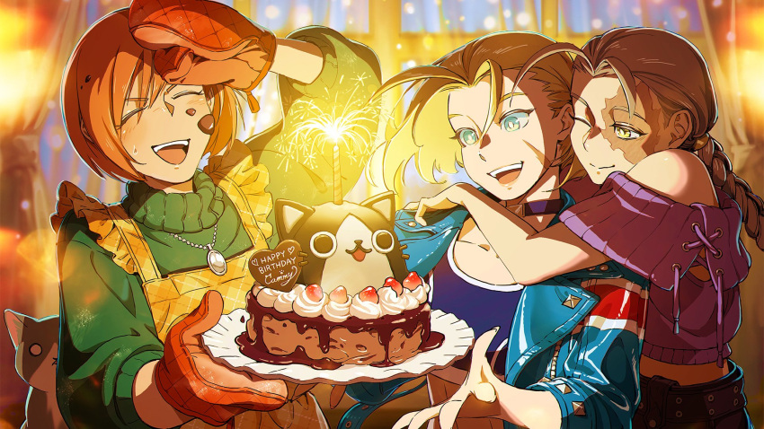 3girls, apron, birthday, birthday_cake, blonde_hair, blue_eyes, blue_jacket, braid
