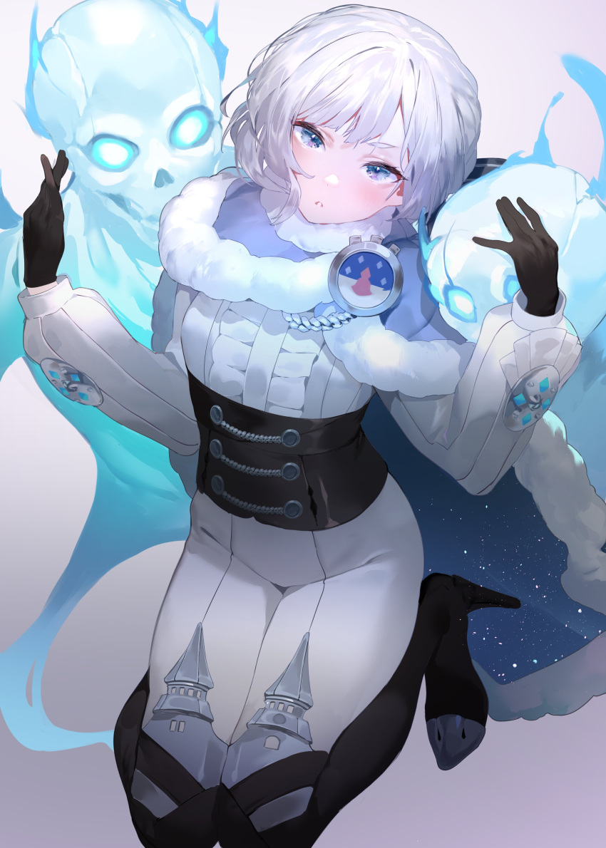 1girl, absurdres, akershus_fortress_(oshiro_project), badge, black_corset, black_footwear, black_gloves, blue_cape