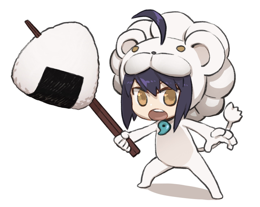 absurdres, ahoge, animal_costume, artoria_pendragon_(fate), black_hair, brown_eyes, chibi, chopsticks