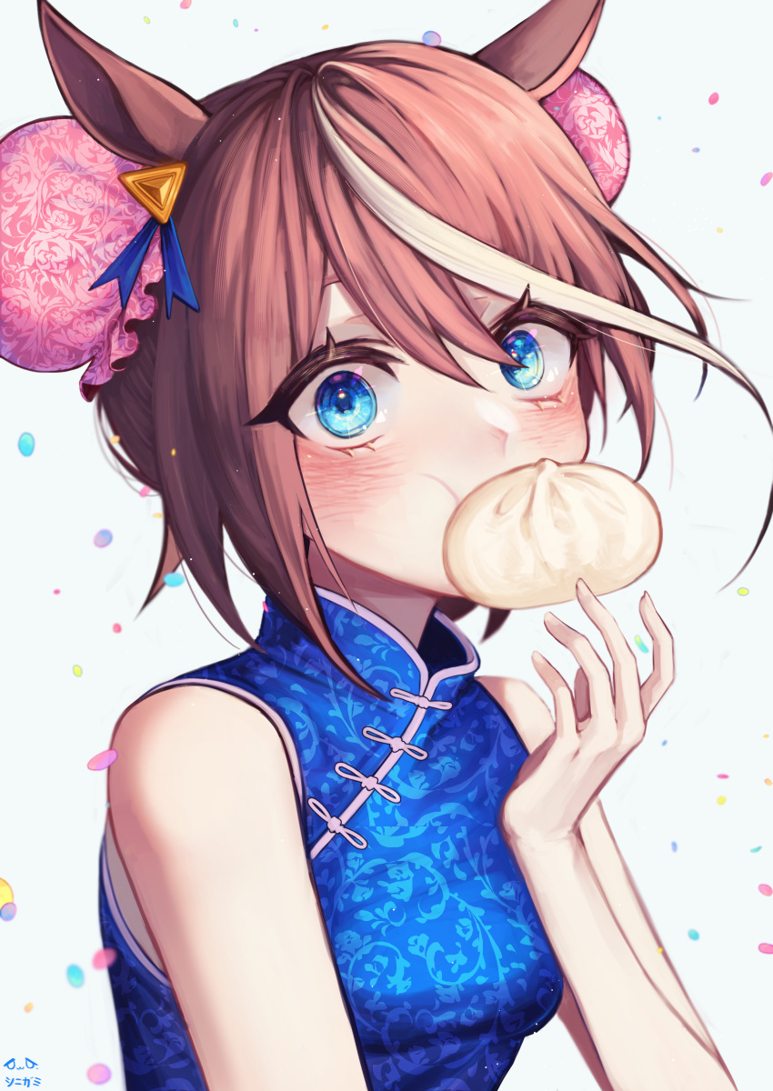 1girl, absurdres, animal_ears, artist_logo, artist_name, baozi, bare_shoulders, blue_eyes