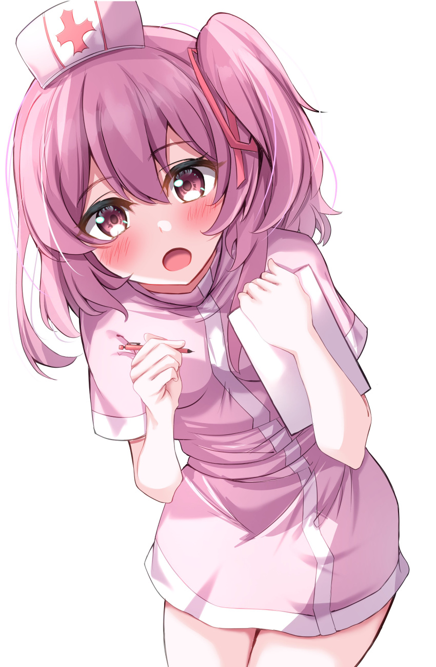 1girl, absurdres, blue_archive, blush, cowboy_shot, dress, hair_between_eyes, hat, highres, holding, holding_pen, looking_at_viewer, medium_hair, nurse_cap, official_alternate_costume, one_side_up, open_mouth, pen, pink_dress, pink_eyes, pink_hair, pink_headwear, serina_(blue_archive), serina_(nurse)_(blue_archive), short_sleeves, simple_background, solo, sumioo_(sumikko_no_ousama), white_background