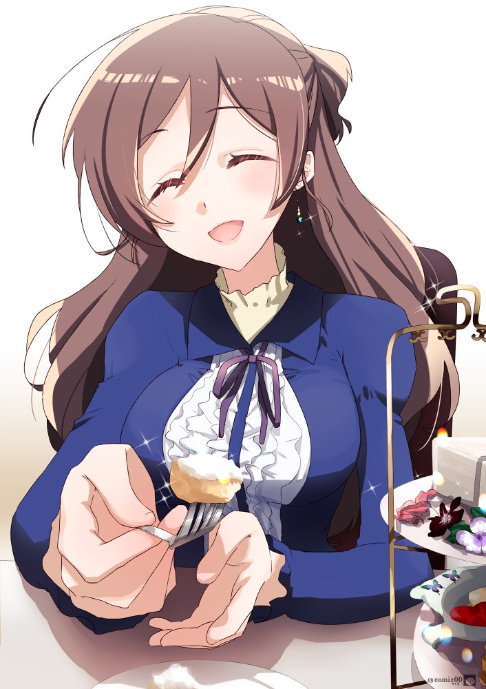 1girl, ahoge, alternate_costume, blue_jacket, brown_hair, facing_viewer, feeding, fort