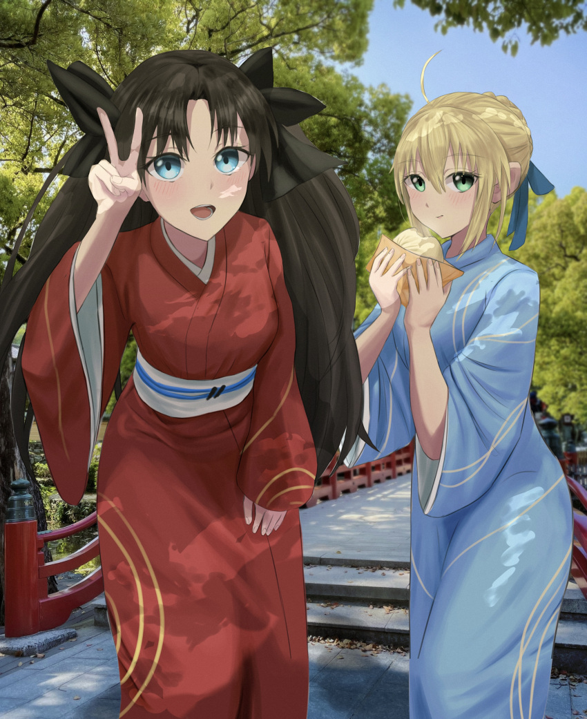 2girls, :d, absurdres, ahoge, artoria_pendragon_(fate), baozi, black_hair, black_ribbon