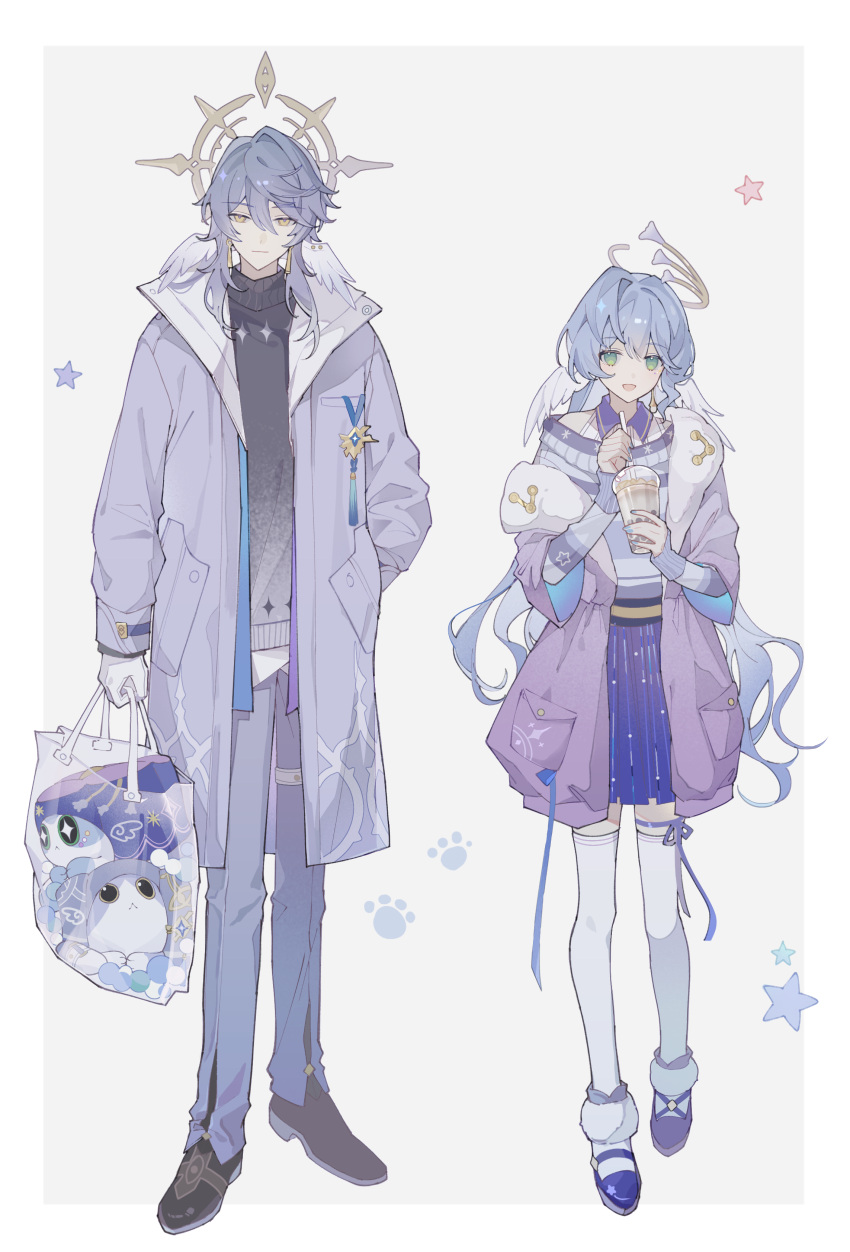 1boy, 1girl, :<, :d, absurdres, arm_at_side, arm_behind_back, bag, black_footwear, black_sweater, blue_hair, blue_skirt, border, bubble_tea, closed_mouth, coat, collared_shirt, critter_pick_(honkai:_star_rail), cup, earrings, full_body, fur_socks, gloves, gradient_sweater, green_eyes, grey_background, grey_coat, grey_pants, grey_sweater, hair_between_eyes, hair_intakes, halo, hands_up, highres, holding, holding_bag, holding_cup, honkai:_star_rail, honkai_(series), jacket, jewelry, leg_ribbon, legs_apart, light_smile, long_sleeves, mary_janes, medium_hair, miniskirt, open_clothes, open_coat, pants, pocket, print_coat, purple_jacket, ribbon, robin_(honkai:_star_rail), shirt, shoes, shopping_bag, simple_background, single_off_shoulder, skirt, sleeves_past_elbows, smile, sparkling_eyes, standing, star_(symbol), striped, striped_sweater, sunday_(honkai:_star_rail), sweater, swept_bangs, thigh-highs, turtleneck, turtleneck_sweater, white_border, white_gloves, white_thighhighs, wing_ears, yellow_eyes, yue_(shemika98425261)
