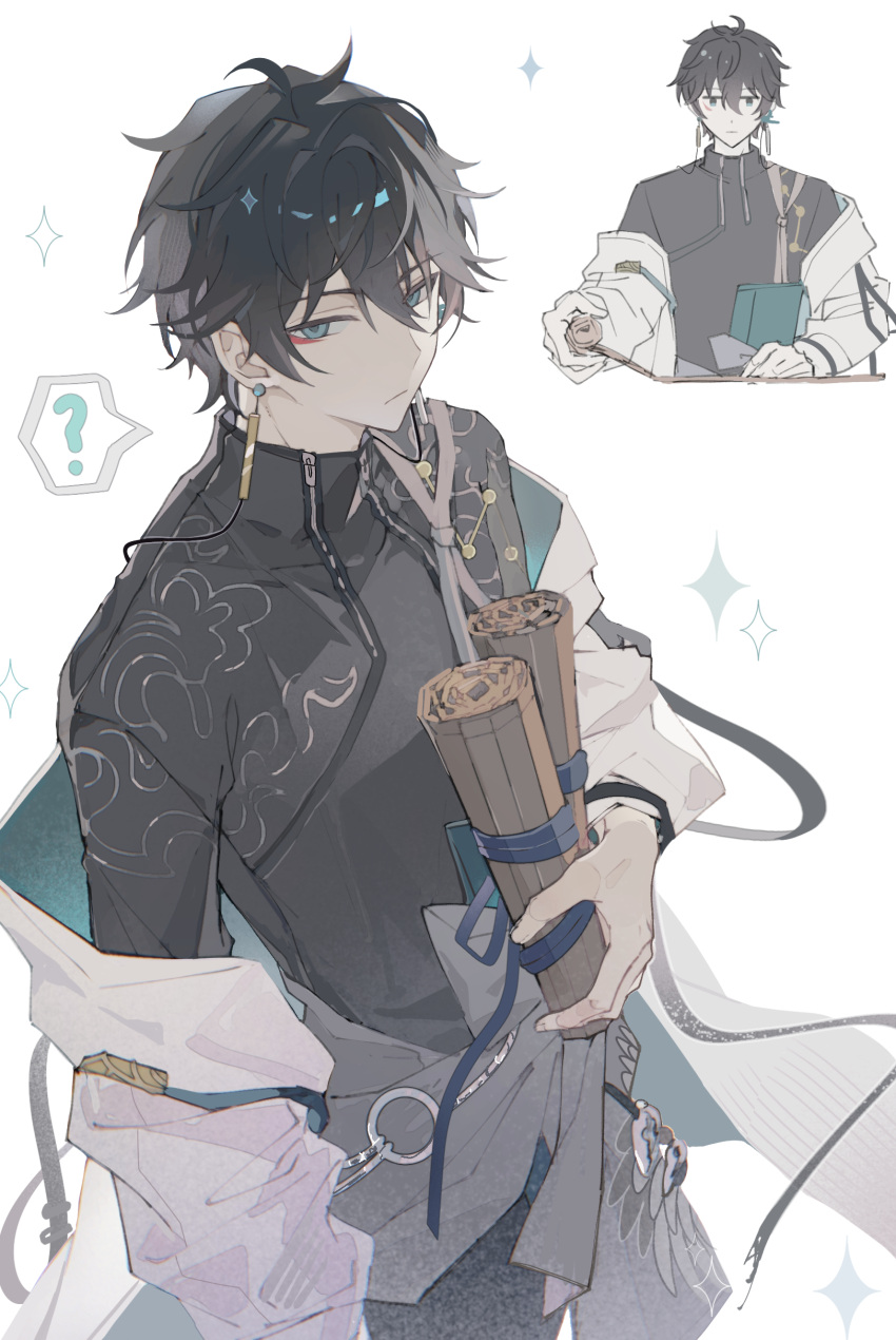 1boy, ?, absurdres, asymmetrical_eyeliner, black_hair, black_shirt, closed_mouth, clothes_around_waist