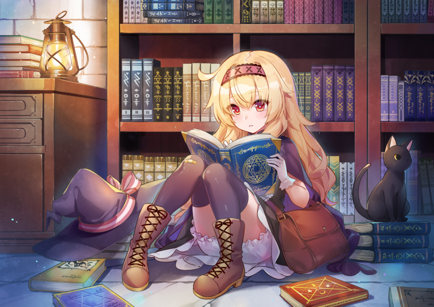 1girl, absurdres, bag, black_cat, black_dress, blonde_hair, bloomers, blush