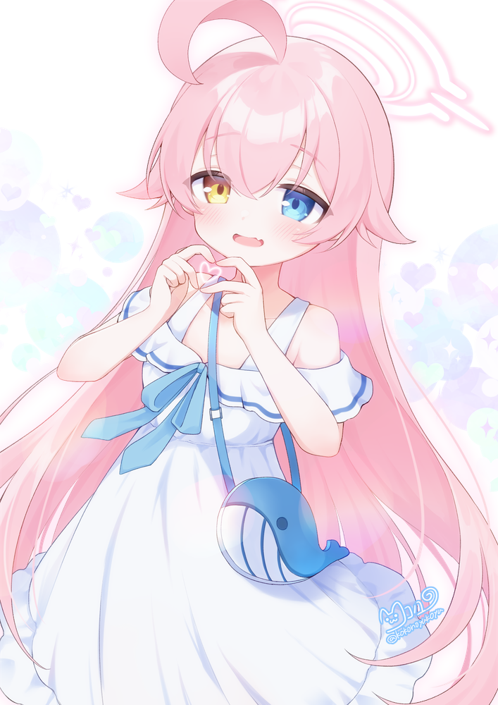 1girl, ahoge, bag, blue_archive, blue_eyes, blush, dress, fang