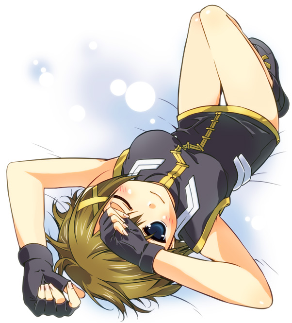brown_hair, fingerless_gloves, gloves, lying, mahou_shoujo_lyrical_nanoha, mahou_shoujo_lyrical_nanoha_strikers, on_back, short_hair