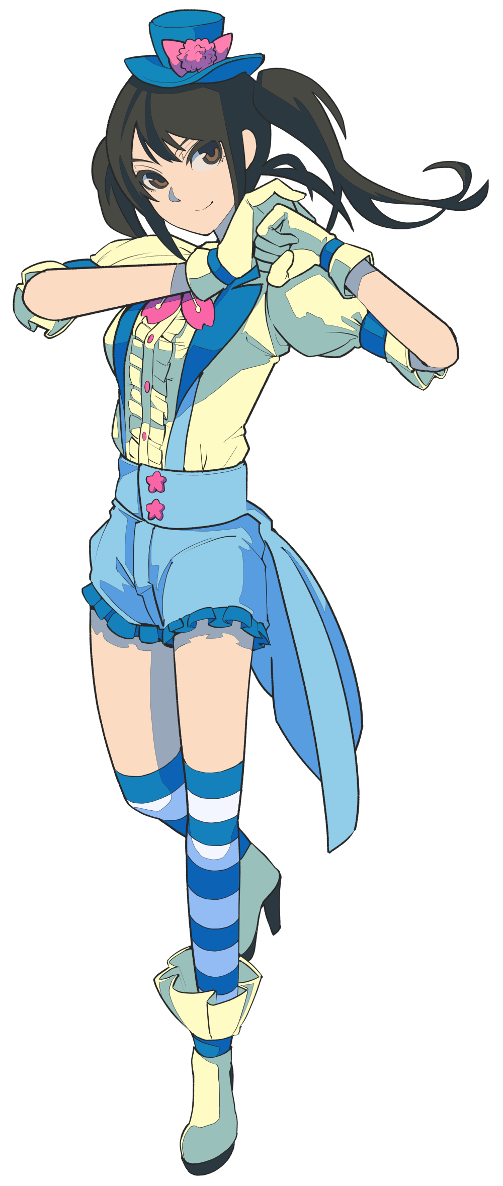 1girl, blue_headwear, blue_overskirt, blue_shorts, blue_socks, blush, bow, bowtie, breasts, brown_hair, clenched_hand, closed_mouth, floating_hair, frilled_shirt, frills, full_body, gloves, green_eyes, hands_up, hat, hat_ribbon, high_heels, highres, idolmaster, idolmaster_cinderella_girls, idolmaster_cinderella_girls_starlight_stage, kamatorop, kneehighs, leg_up, long_hair, medium_breasts, own_hands_together, pink_bow, pink_bowtie, pink_ribbon, puffy_short_sleeves, puffy_sleeves, ribbon, shibuya_rin, shirt, short_sleeves, shorts, simple_background, socks, solo, standing, standing_on_one_leg, striped, striped_socks, suspender_shorts, suspenders, white_background, yellow_footwear, yellow_gloves, yellow_shirt