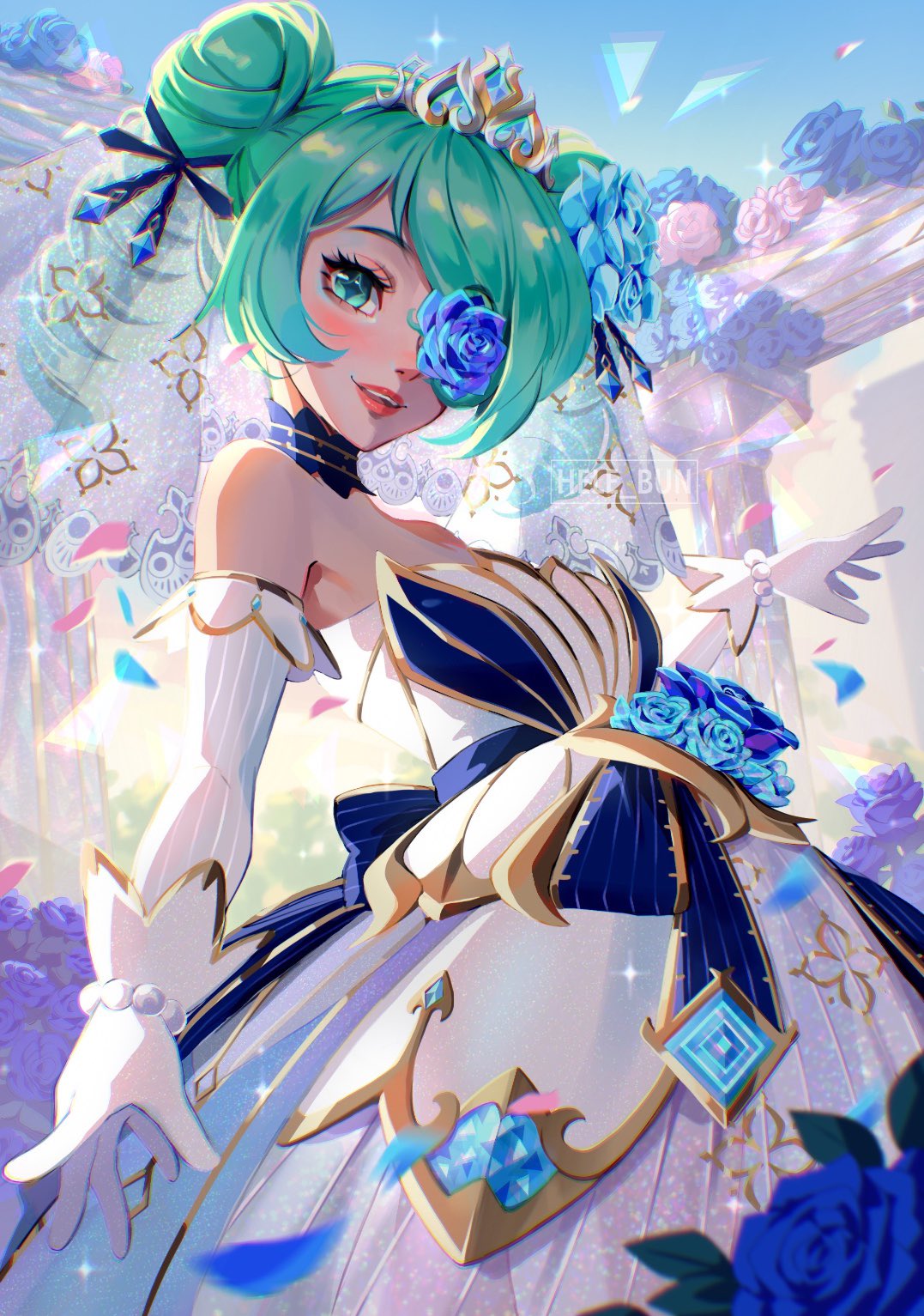 1girl, :d, arch, bare_shoulders, bead_bracelet, beads, black_dress, blue_flower