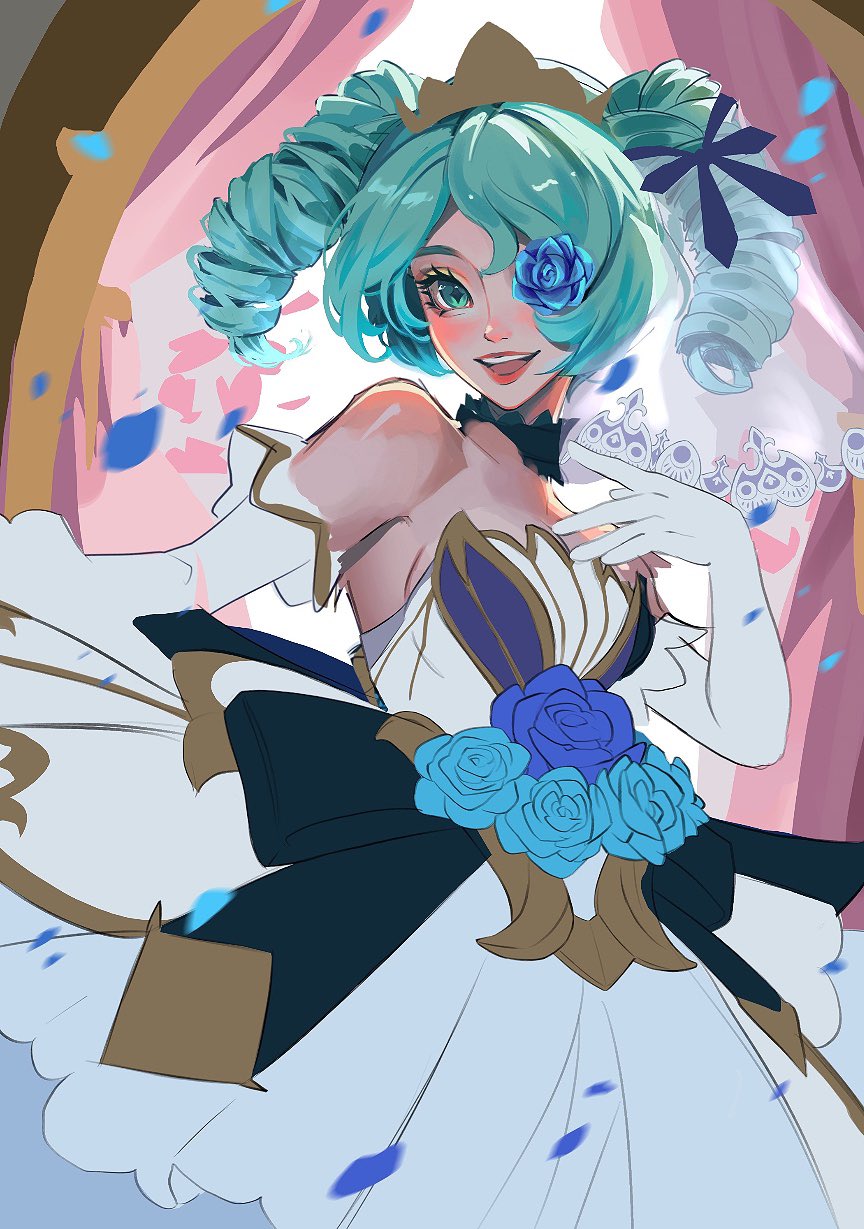 1girl, :d, alternate_hairstyle, bare_shoulders, black_ribbon, breasts, crown, dress, drill_hair, elbow_gloves, flower, flower_over_eye, gloves, green_eyes, green_hair, gwen_(league_of_legends), hair_ribbon, hand_up, hele_bun, highres, large_breasts, league_of_legends, multicolored_background, petals, prestige_crystal_rose_gwen, ribbon, smile, solo, teeth, twin_drills, twintails, upper_teeth_only, veil, white_dress, white_gloves