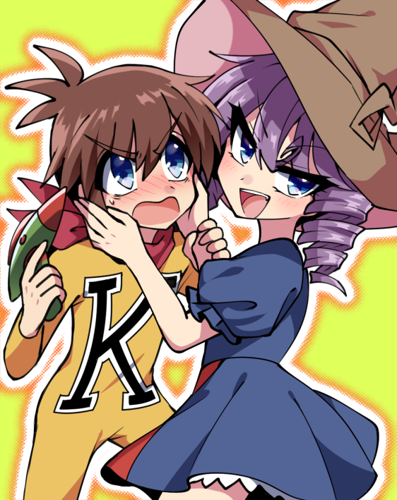 1boy, 1girl, blue_dress, blue_eyes, blush, bodysuit, brown_hair, chargeman_ken!