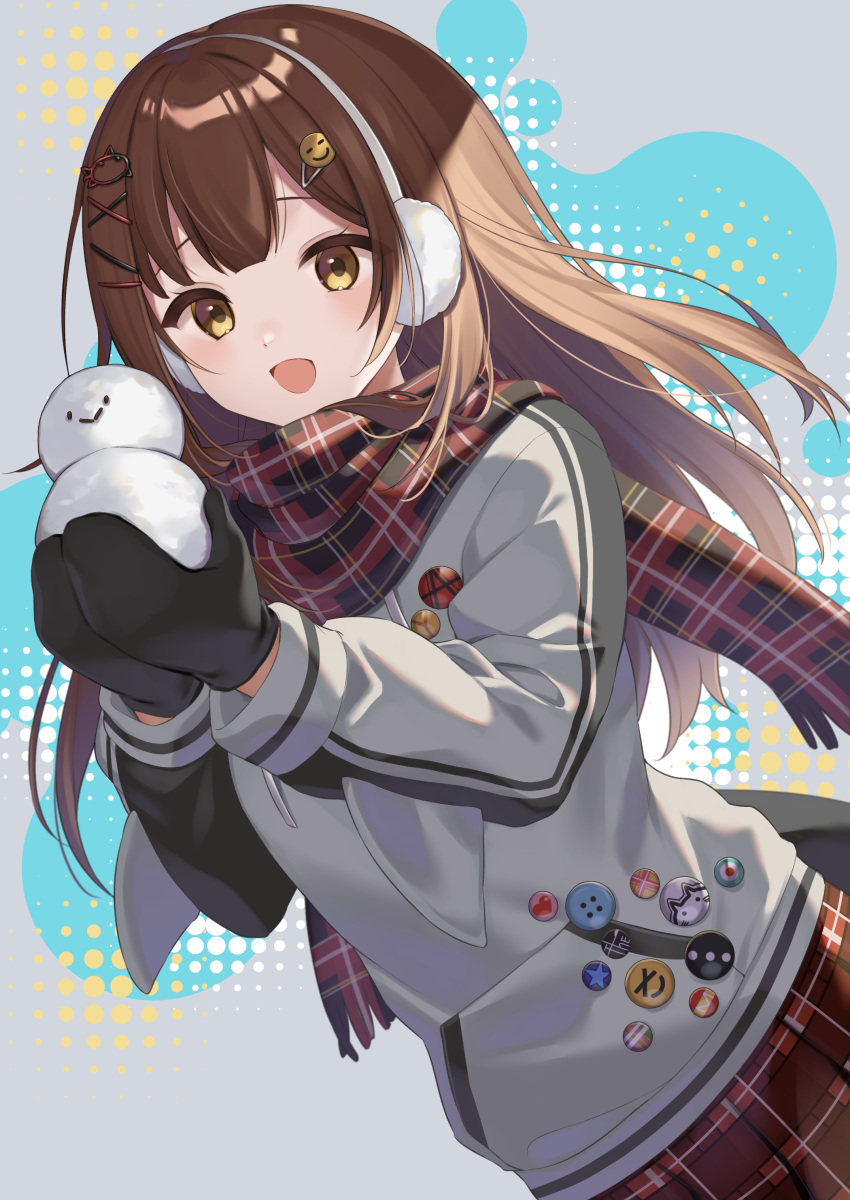 1girl, :d, absurdres, black_gloves, bown_hair, citron_82, commentary_request, earmuffs