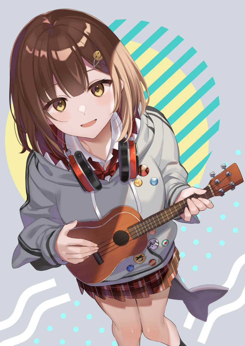 1girl, absurdres, blush, bown_hair, citron_82, commentary_request, grey_jacket, guitar