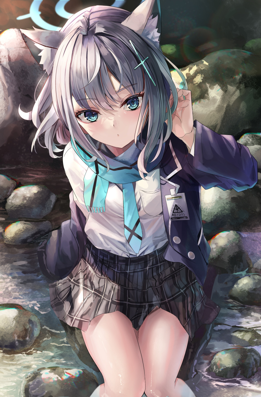 1girl, animal_ear_fluff, animal_ears, arm_support, black_skirt, blazer, blue_archive, blue_eyes