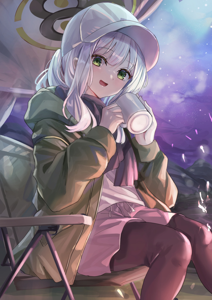 1girl, :d, baseball_cap, blue_archive, blurry, brown_scarf, camping, camping_chair