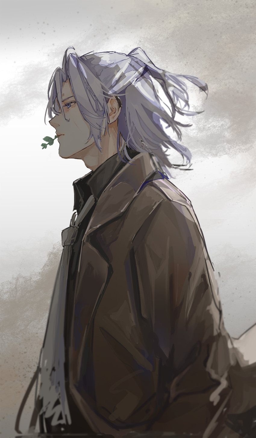 1boy, adam's_apple, alternate_costume, barcode, barcode_tattoo, black_shirt, blue_eyes, brown_jacket, chinese_commentary, chuantangfeng_draft, collared_shirt, commentary, earclip, forehead_tattoo, from_side, grey_hair, grey_necktie, half_updo, highres, jacket, male_focus, medium_hair, mouth_hold, necktie, parted_bangs, profile, punishing:_gray_raven, scar, scar_on_cheek, scar_on_face, shirt, solo, stalk_in_mouth, suit_jacket, tattoo, torn_clothes, torn_necktie, upper_body, watanabe_(punishing:_gray_raven)