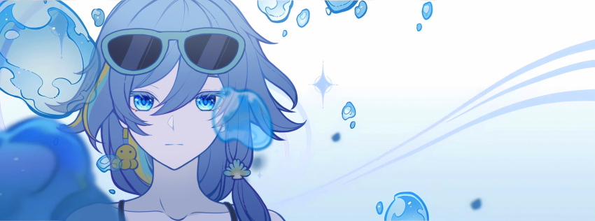 1girl, banner, blue_background, blue_eyes, blue_hair, closed_mouth, eyewear_on_head, fu_hua, fu_hua_(seagull's_soar), fu_hua_(shadow_knight), grey_hair, hair_between_eyes, highres, honkai_(series), honkai_impact_3rd, long_hair, low-tied_long_hair, low_ponytail, mangzhi_yaoyao, official_alternate_costume, ponytail, solo, sunglasses, swimsuit, water, water_drop