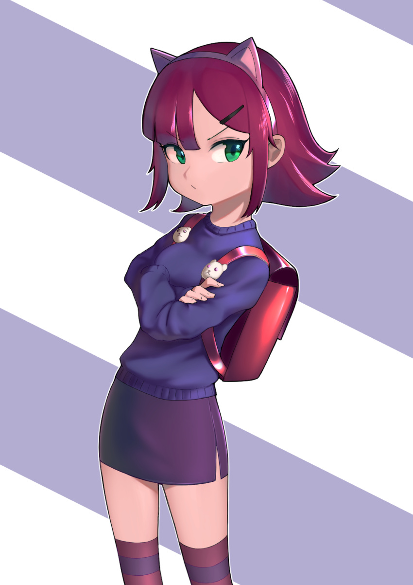 1girl, annie_(league_of_legends), backpack, bag, green_eyes, hair_ornament, hairclip, highres