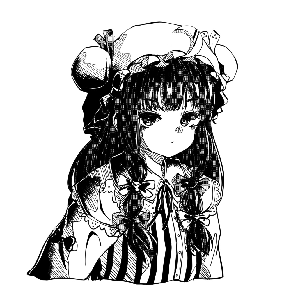1girl, blunt_bangs, bow, buttons, closed_mouth, crescent, crescent_hat_ornament, dress