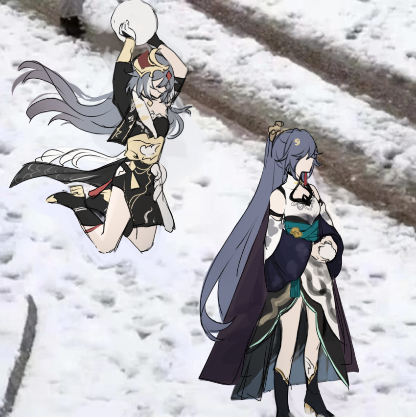 2girls, aqua_cape, asymmetrical_clothes, asymmetrical_gloves, asymmetrical_sleeves, bare_shoulders, belt, bird_hair_ornament, black_dress, black_footwear, black_shorts, blue_hair, boots, cape, china_dress, chinese_clothes, choker, cleavage_cutout, clothing_cutout, comedy, detached_sleeves, dress, earrings, faceless, fu_hua, fu_hua_(azure_empyrea), fu_hua_(herrscher_of_sentience), full_body, gloves, grey_hair, hair_ornament, hair_over_one_eye, hairpin, hanfu, high_ponytail, holding, honkai_(series), honkai_impact_3rd, jewelry, jumping, long_hair, mangzhi_yaoyao, meme, mismatched_gloves, multicolored_hair, multiple_girls, off-shoulder_dress, off_shoulder, on_head, paintbrush, paintbrush_hair_ornament, pleated_sleeves, ponytail, red_rope, rope, shoes, shorts, shoulder_cutout, single_bare_shoulder, single_detached_sleeve, single_earring, snow, snowflakes, standing, streaked_hair, tassel, tassel_earrings, uneven_sleeves, very_long_hair, white_dress, white_hair, wide_sleeves, yellow_belt, yin_yang