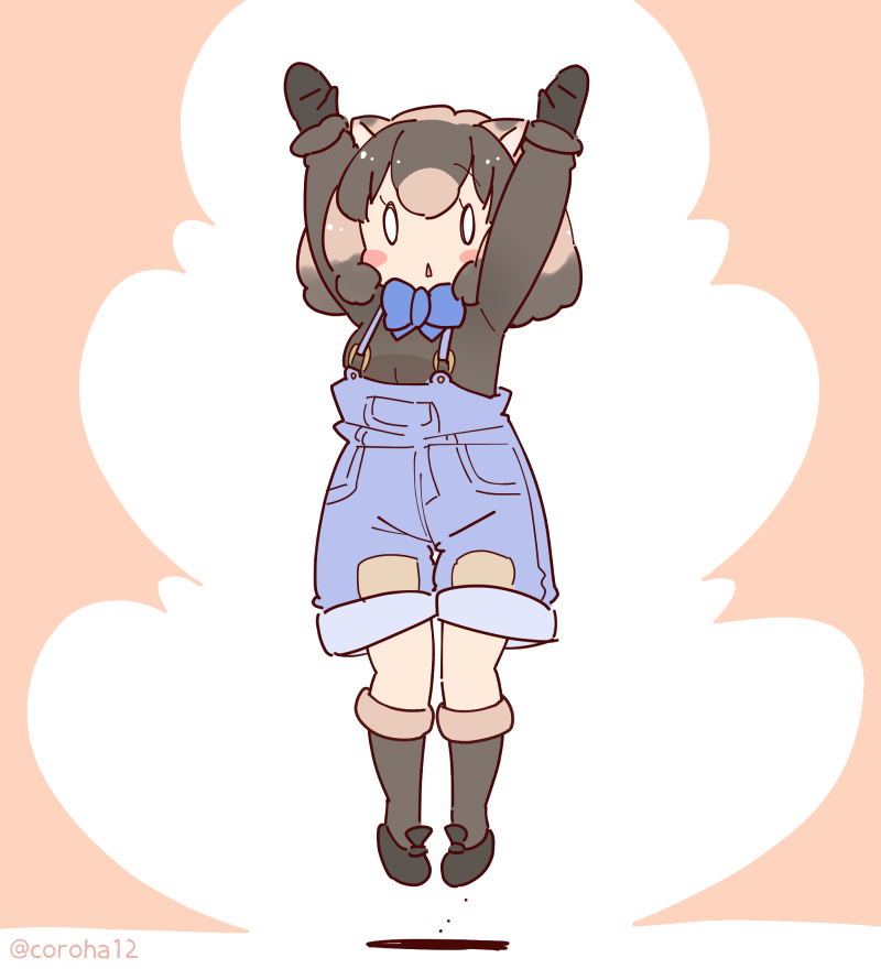 1girl, animal_ears, arms_up, black_hair, bow, bowtie, brown_hair, common_wombat_(kemono_friends)