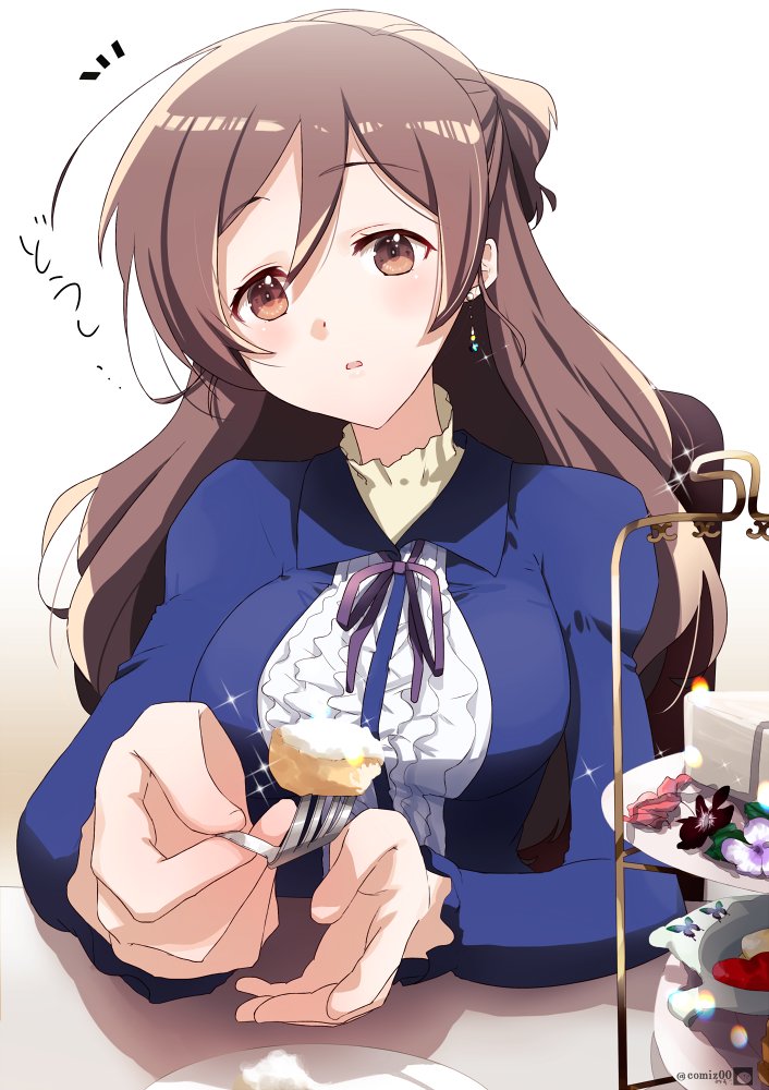 1girl, ahoge, alternate_costume, blue_jacket, brown_eyes, brown_hair, center_frills, earrings